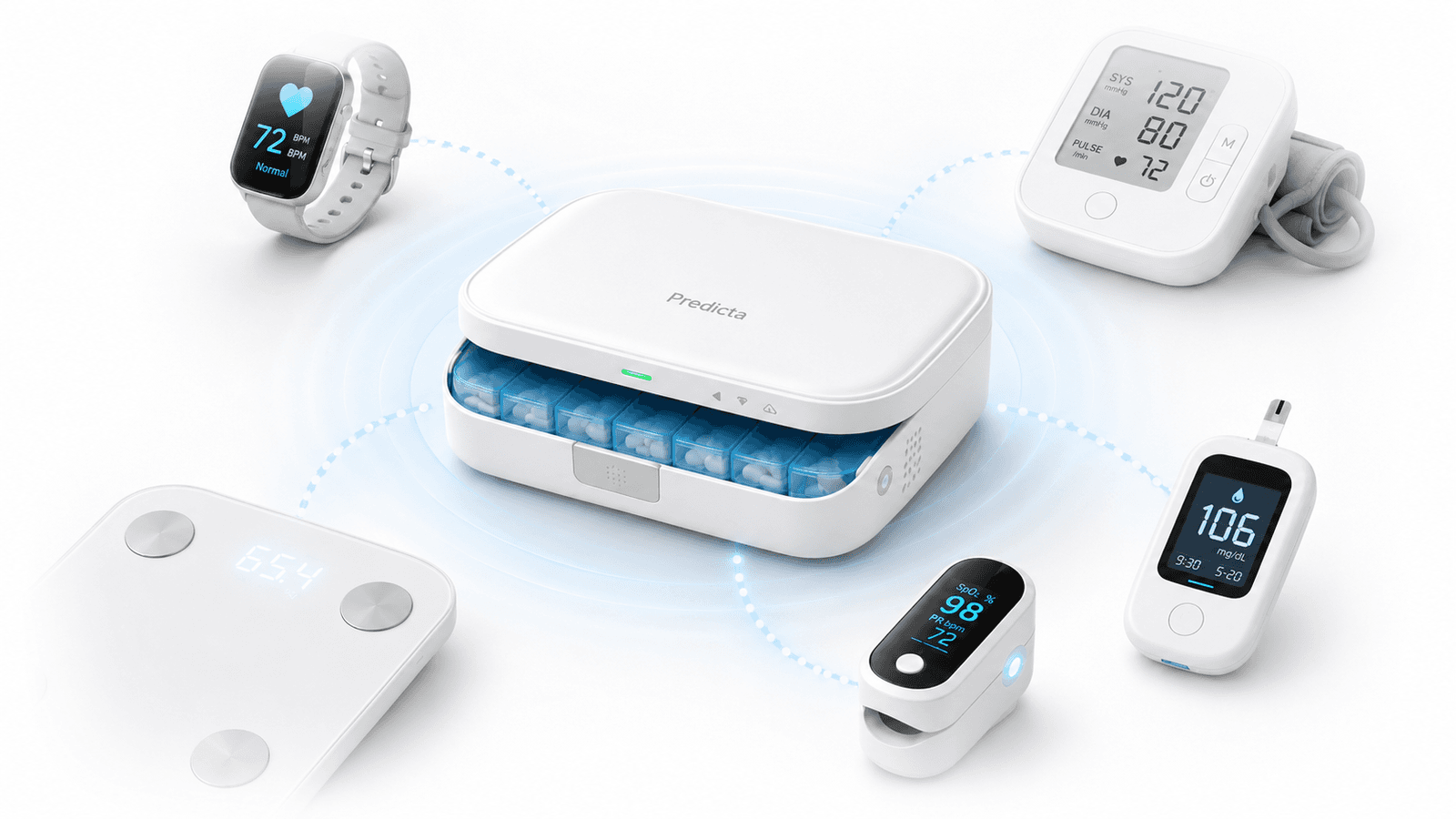 Dispositivos del hogar —reloj, tensiómetro, balanza y oxímetro— conectados al pastillero Predicta, capturando datos automáticamente
